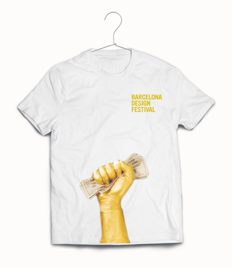 Front T-shirt for the staff personal with the picture of a hand holding money – BCN Design Festival.