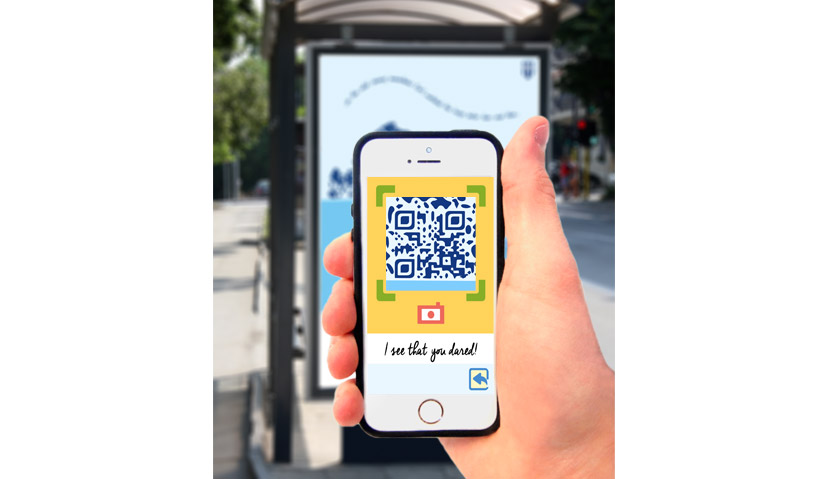 Scanning the QR code with a mobile, from a bus stop display.