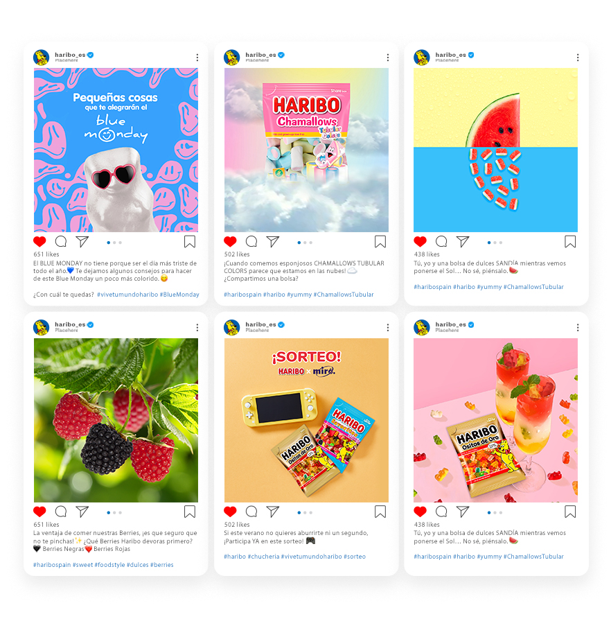 Instagram feed, with the designed posts for Haribo Spain.