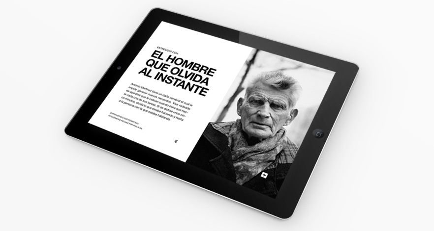 Memiento magazine on a tablet oriented horizontally.