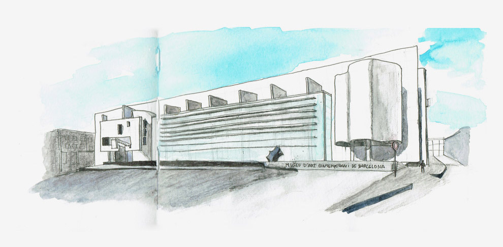 MACBA Barcelona sketch in rotring and watercolors.