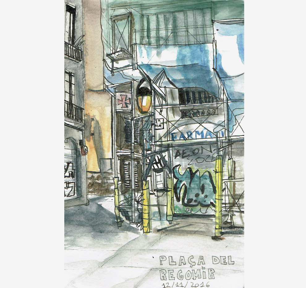 Plaça del Regomir – Barcelona – In rotring and watercolors.