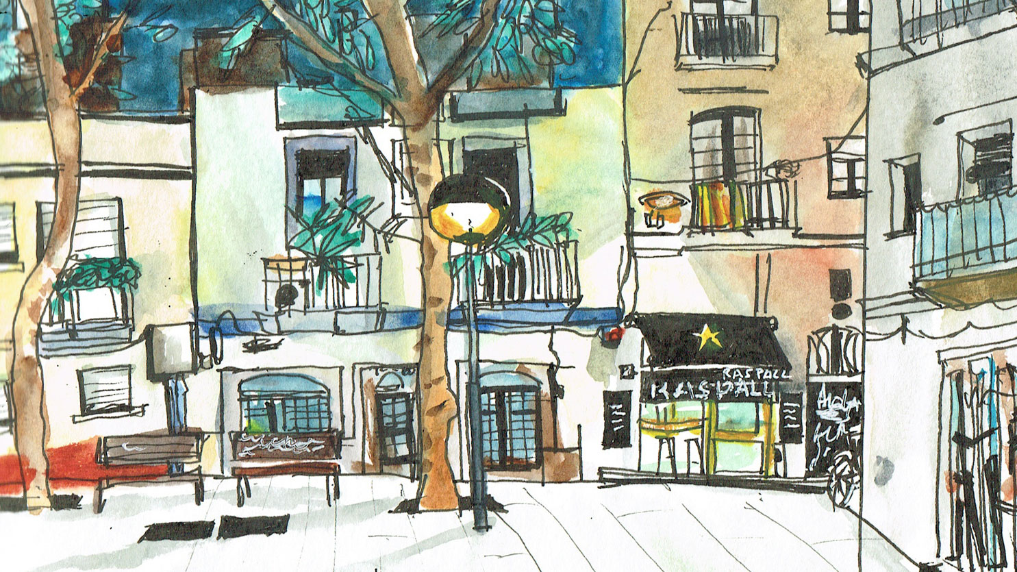La plaça del Raspall sketch – Gràcia, Barcelona – in rotring and watercolors